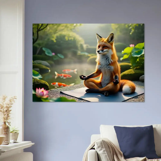 Fox meditating in a garden on Wood Prints Foxasana PixiOnyx Organic Stillness Panel