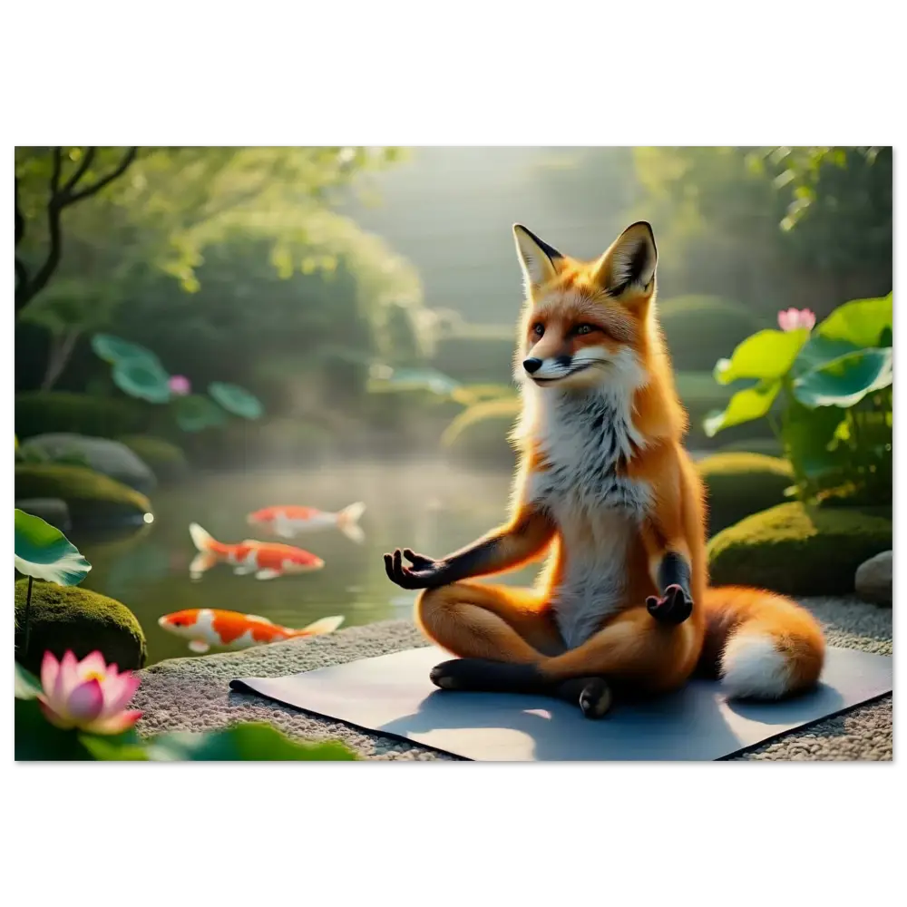 Meditating fox on yoga mat featured on PixiOnyx Organic Stillness Panel Wood Print