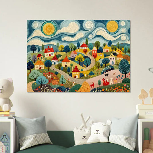 Colorful village landscape art on Wood Prints Hillside Harmony PixiOnyx Naturalgrain Edition