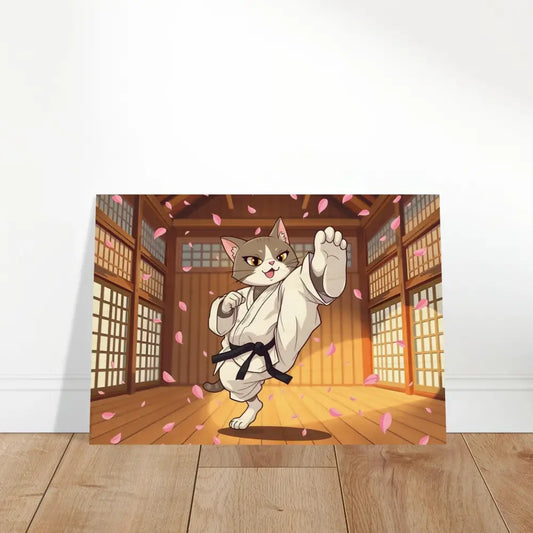 Whimsical Karate Cat art print on wood titled Cherry Blossom Showdown by PixiOnyx
