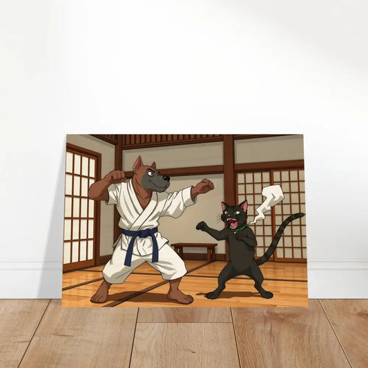 Cartoon karate dog and cat illustration on Wood Prints Paws of Fury product by PixiOnyx