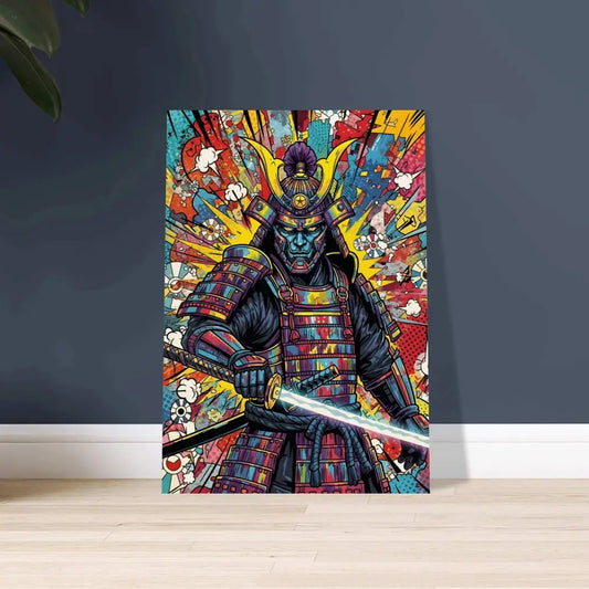 Vibrant pop art-style samurai splash wood print from PixiOnyx Timberline Series
