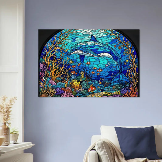Dolphin stained glass artwork from Wood Prints Sea Cathedral PixiOnyx Oceanlight Relic