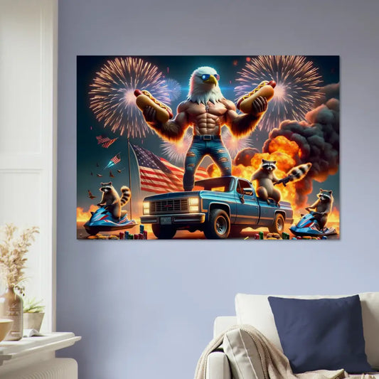 Patriotic eagle and raccoon celebration on Wood Prints Stars Stripes Flaming Hot Dogs PixiOnyx