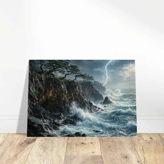 Rustic wood prints offer a dramatic coastal storm scene with lightning and crashing waves