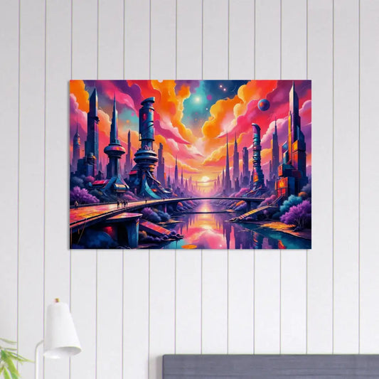 Vibrantly colored futuristic city artwork on wood print transforms futuristic beauty in PixiOnyx