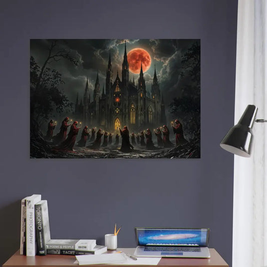 Gothic castle under a blood moon with hooded figures in PixiOnyx Sacred Grain Series wall art