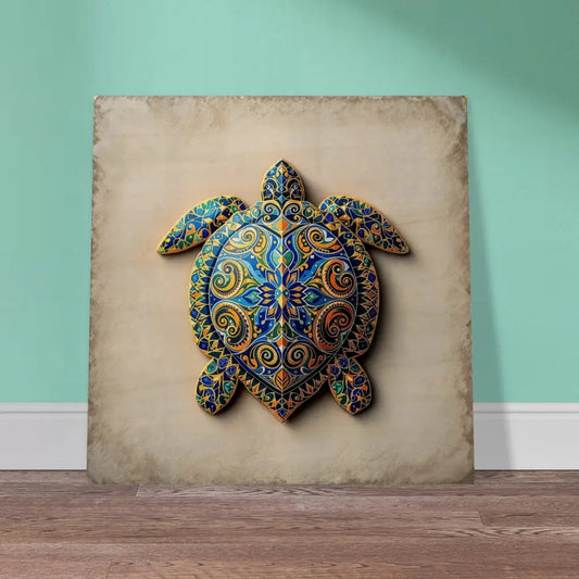 Ornate turtle artwork displayed on Wood Prints Turtle Sigil Shell of Patterns Wall Art