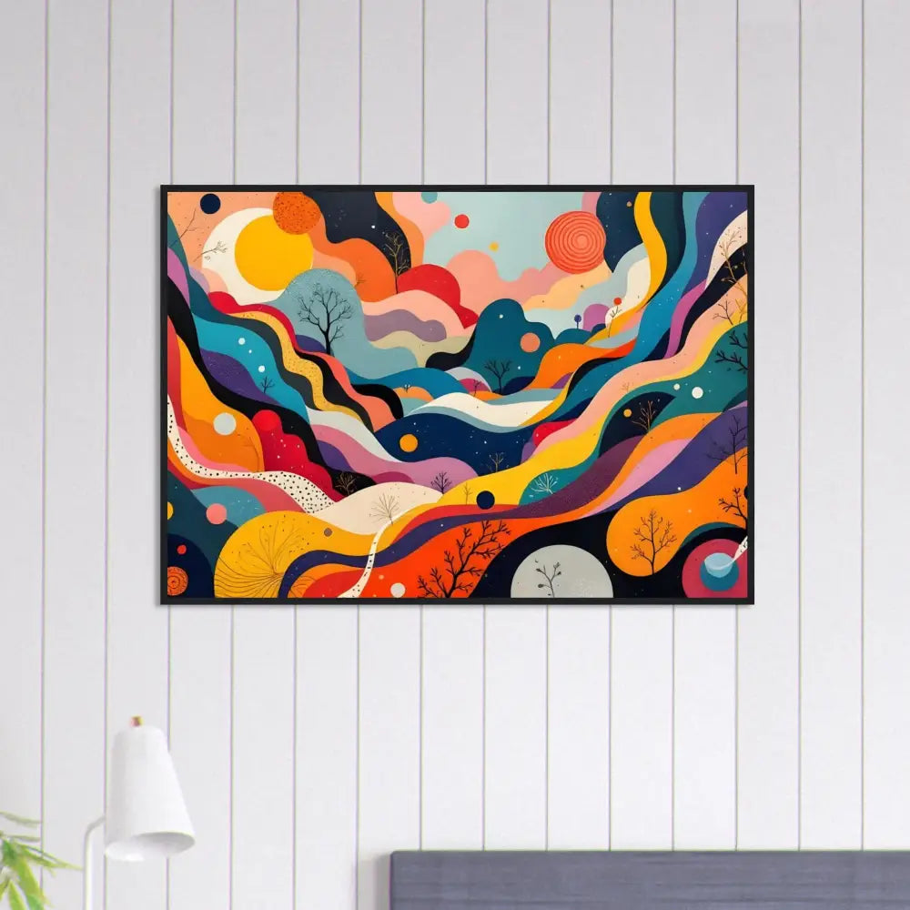 Colorful abstract landscape painting featured in Wooden Framed Poster Psychedelic Landscape Flowstate