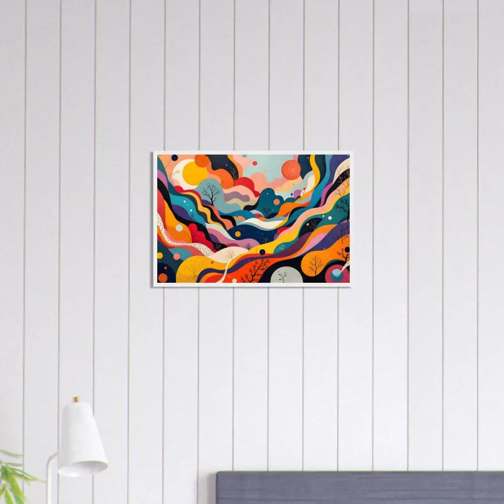 Colorful abstract landscape art in wooden frame for Psychedelic Landscape Flowstate poster